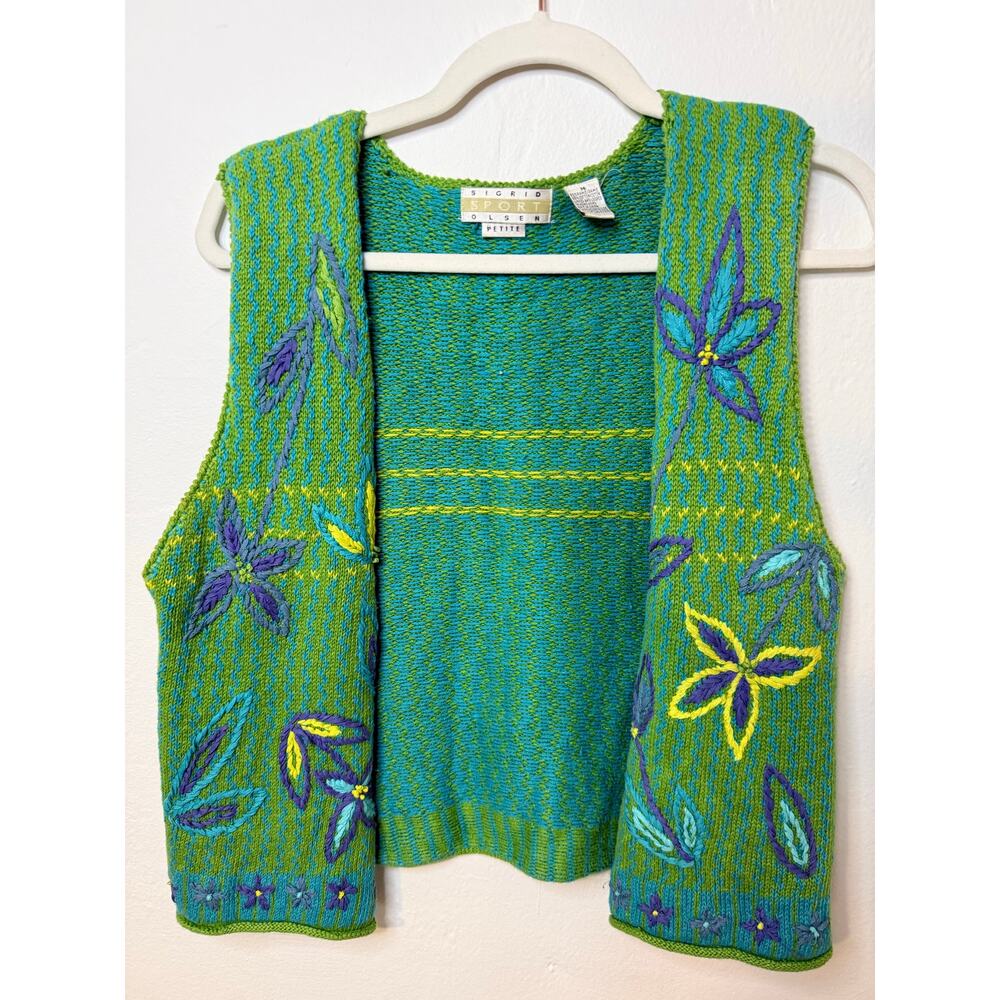 Sigrid Olsen Sport Petite Medium Embroidered Knit Vest Floral Green Blue Boho